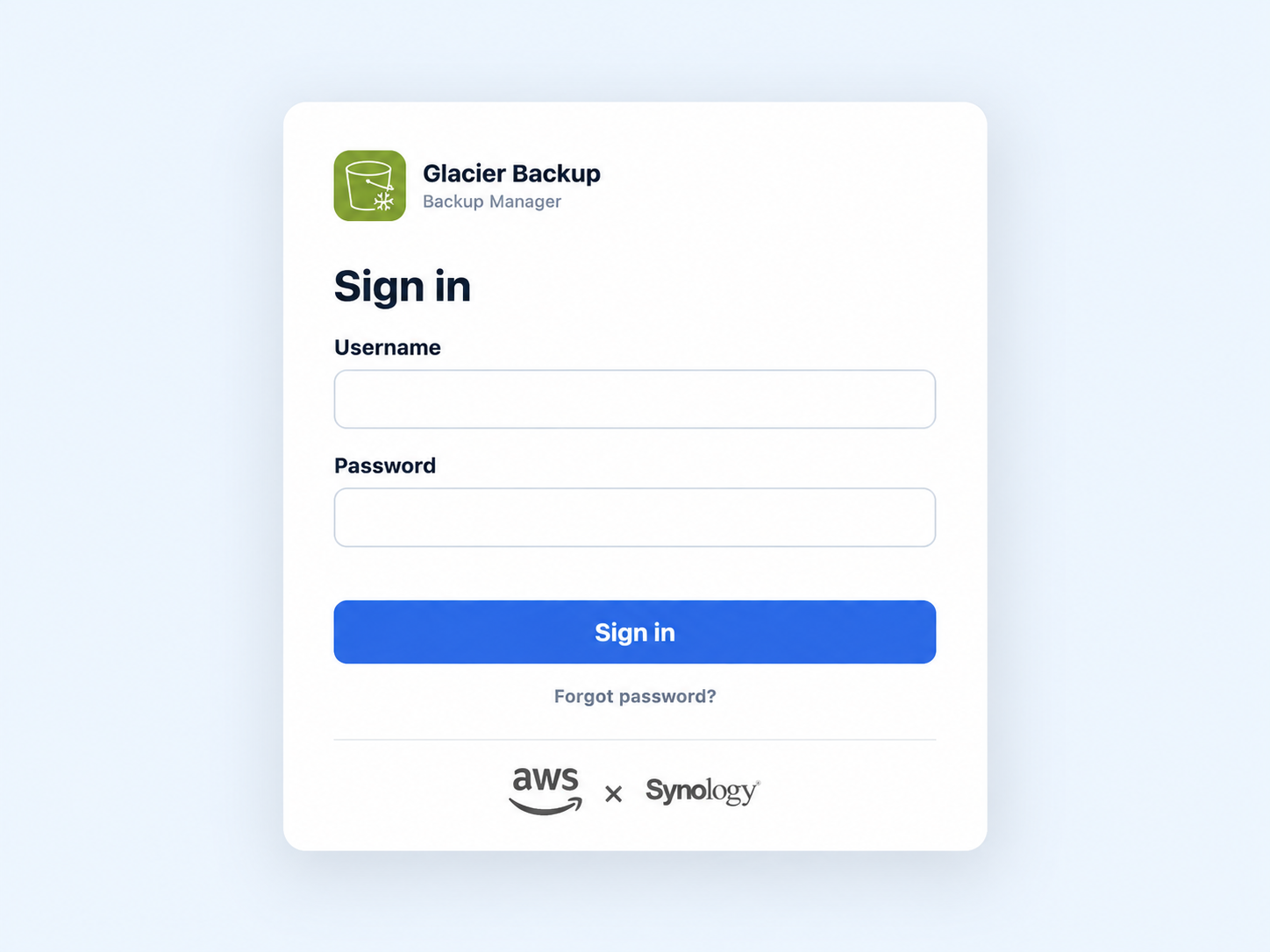 Glacier Backup Manager sign-in screen with empty username and password fields