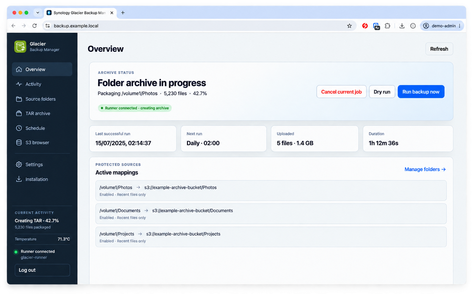 An anonymised Glacier Backup Manager overview showing a live TAR job