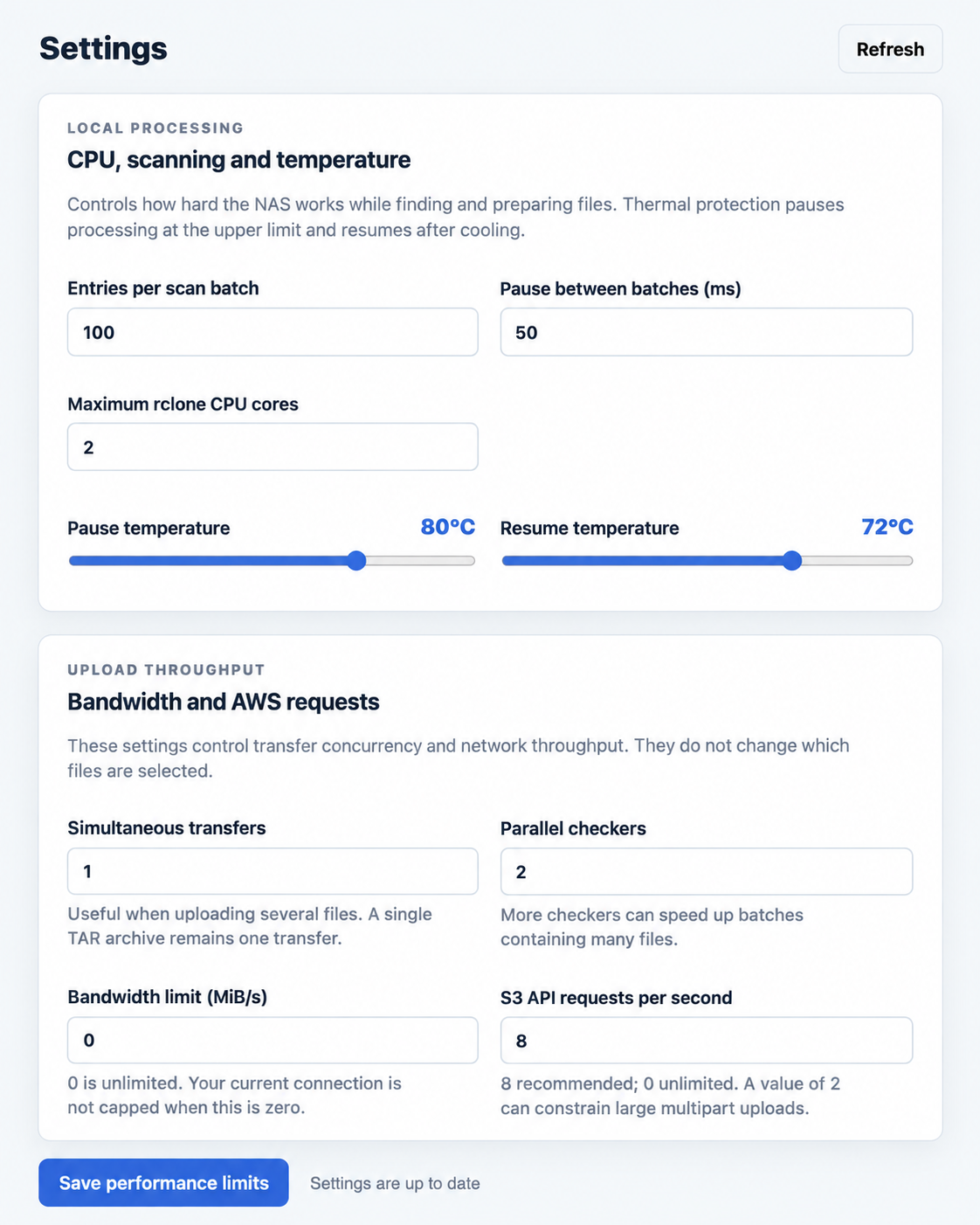 CPU, temperature, bandwidth and AWS request controls