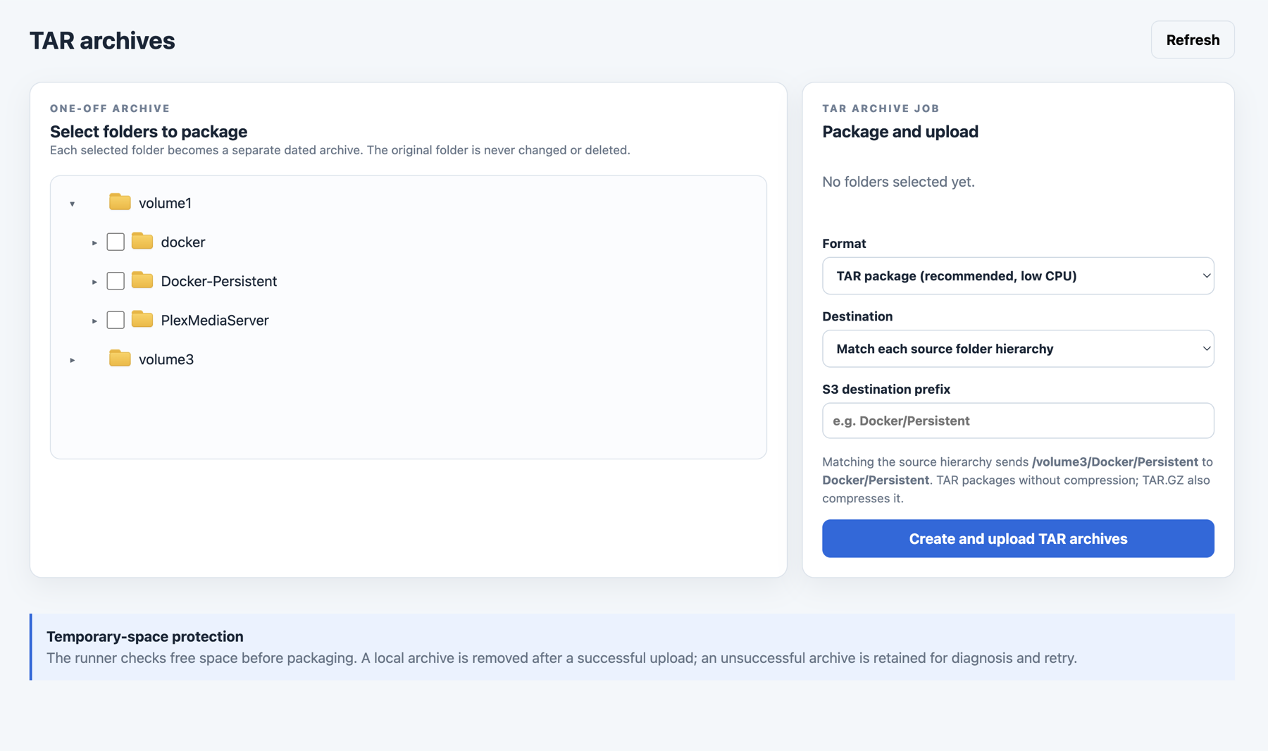 Select folders and configure a dated TAR archive